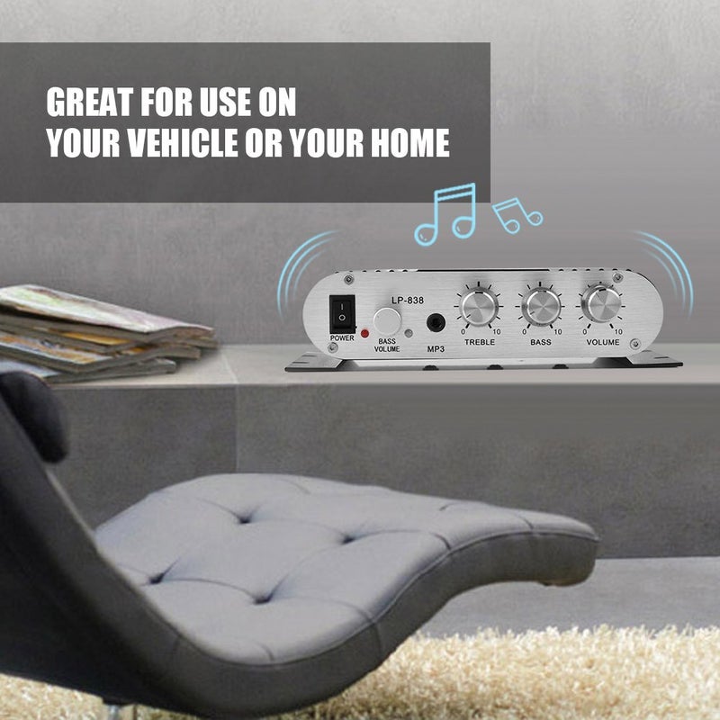 Fydun Mini HiFi 2.1, Car Home Audio Power Amplifier 838 Stereo Bass Auto Mini Amplifier for Digital Amp Silver (Black) - Image 5